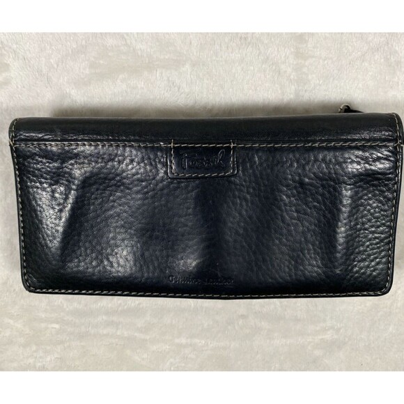 FOSSIL Black Pebbled Leather Wallet Studded Flower Long Bi-fold Boho Pockets - Picture 2 of 9